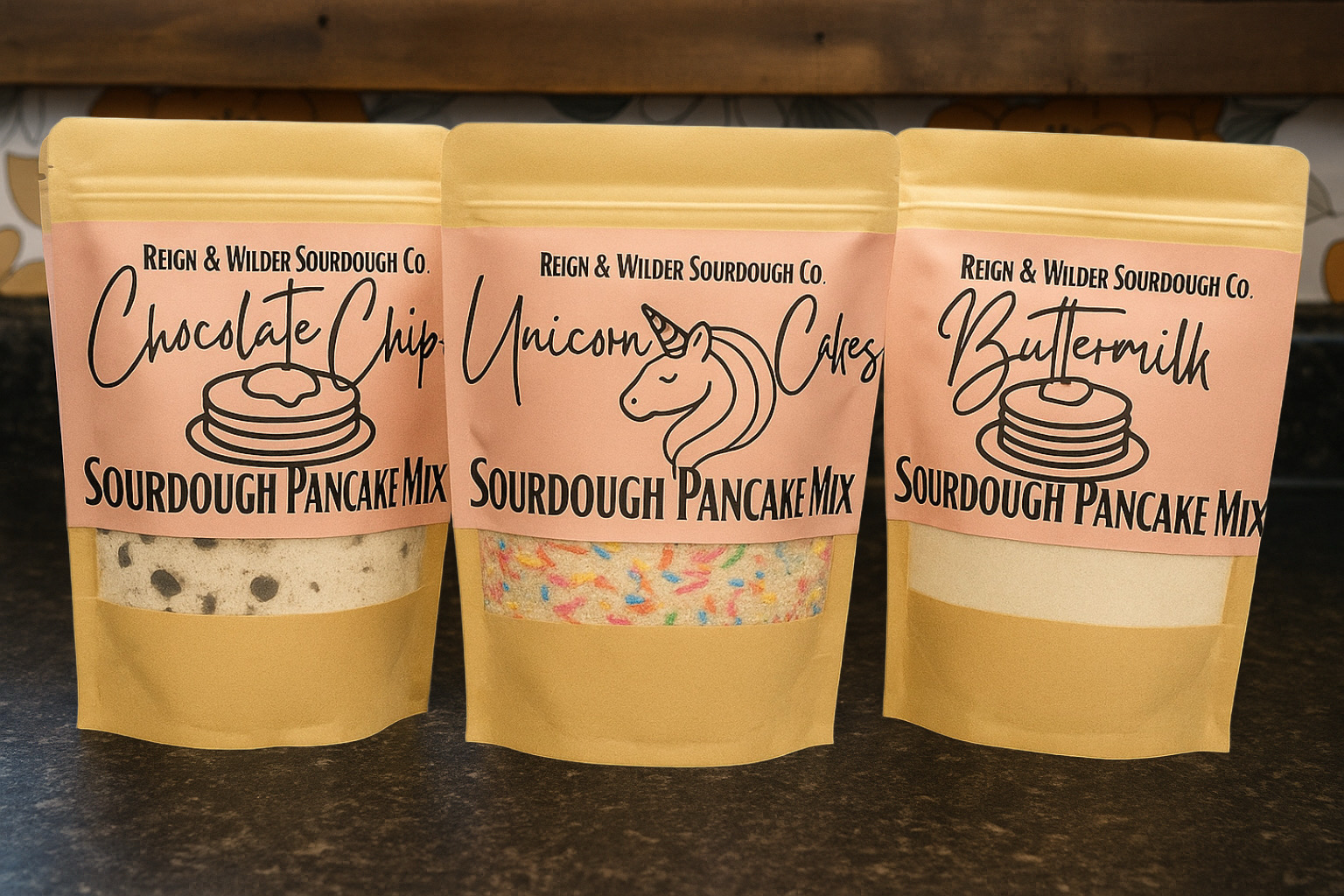 Variety of Reign and Wilder pancake mixes